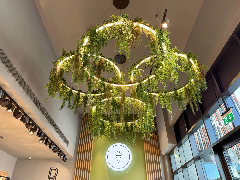 artificial hanging trails displayed in a cafe