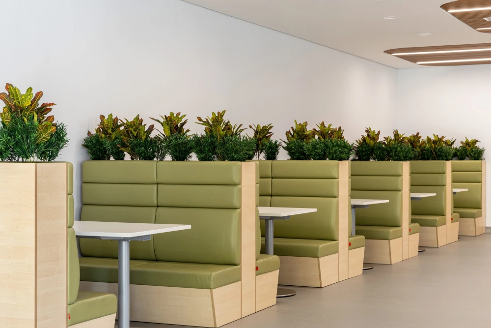 artificial planting installed in seating troughs in a school