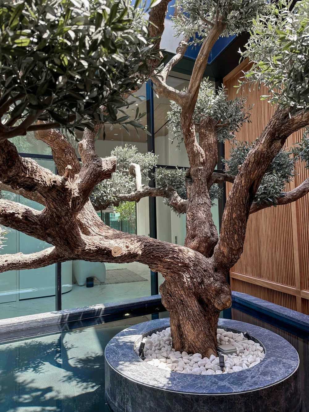 artificial bonsai tree installed in an outdoor pool