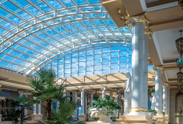 Artificial bespoke washingtonia palms situated in Barton Square, Manchester