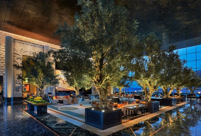 Bespoke artificial olive trees positioned at the Four Seasons Hotel, Bahrain.