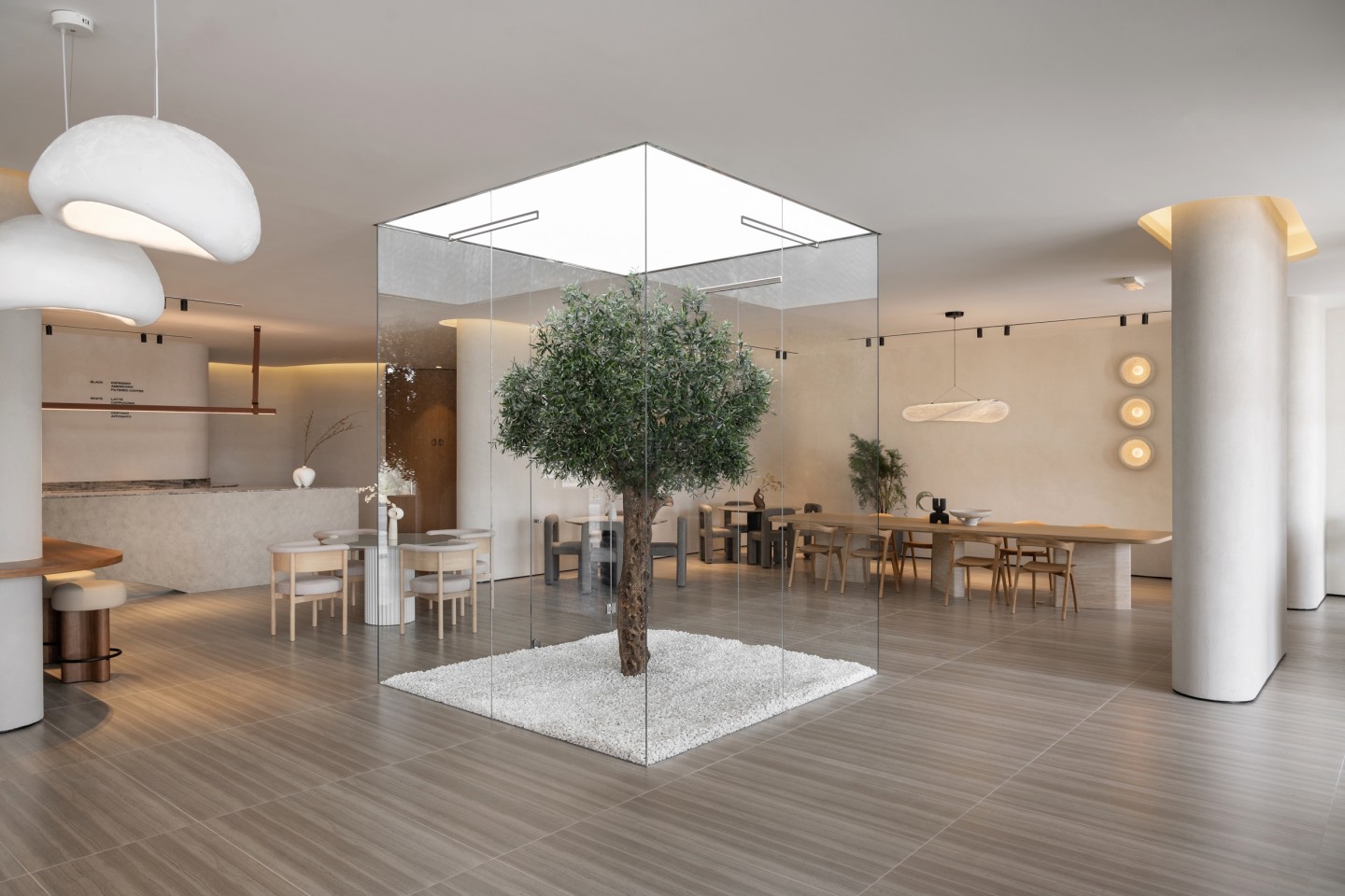 An artificial bespoke olive tree installed in The House Cafe, Dubai