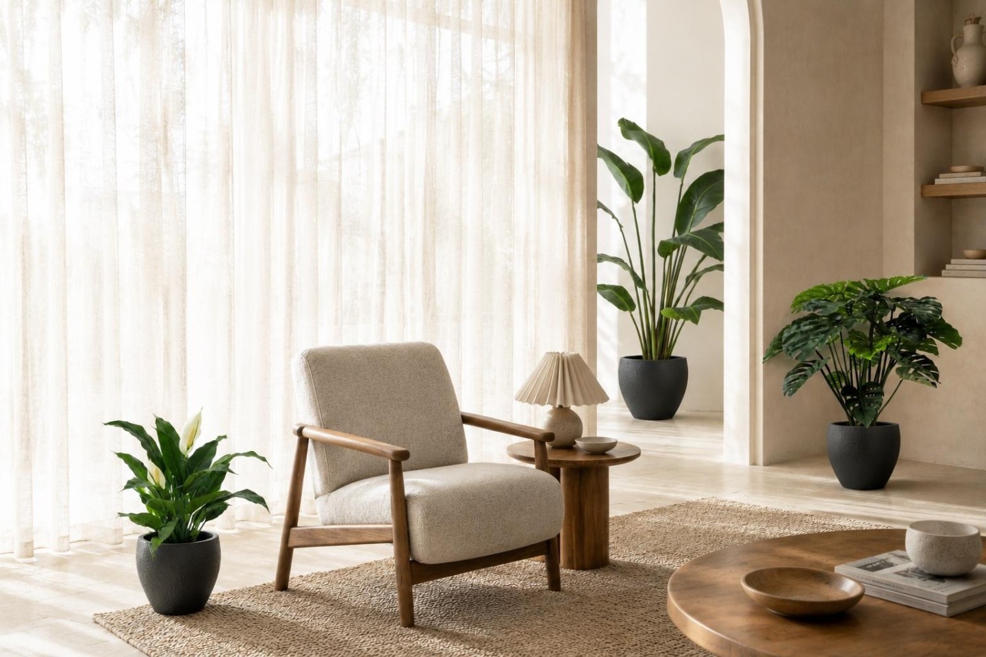 La photo montre un espace de bureau moderne et lumineux, agrémenté de diverses plantes d'intérieur, notamment un monstera, un palmier PA et un lis de la paix.