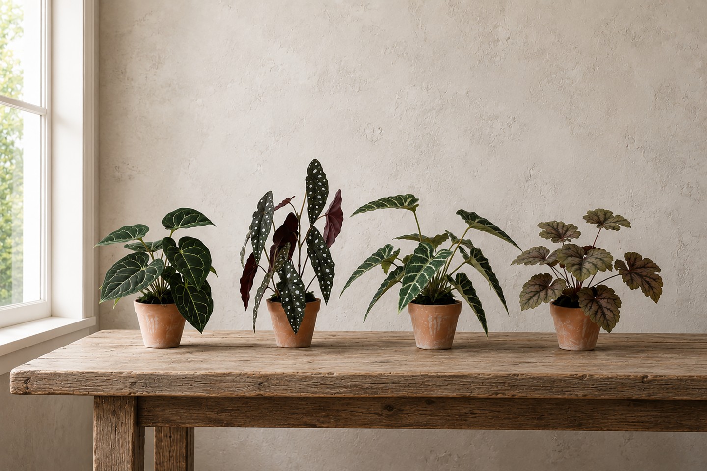Gros plan sur un assortiment de plantes artificielles posées sur une table en chêne.